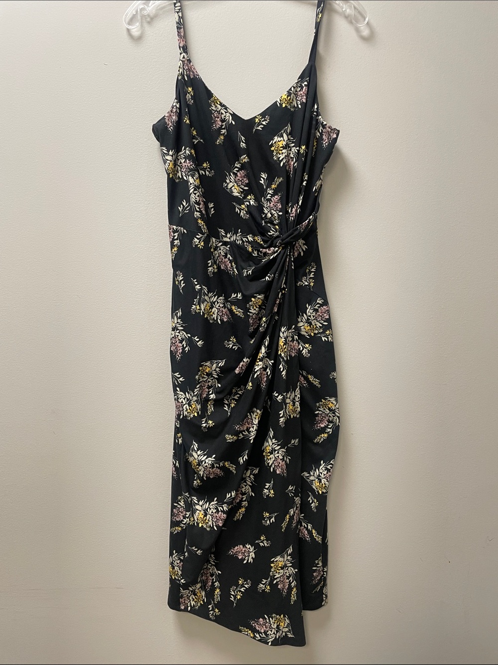 nine britton Black Floral Draped Midi Dress with Pink & Yellow Blooms